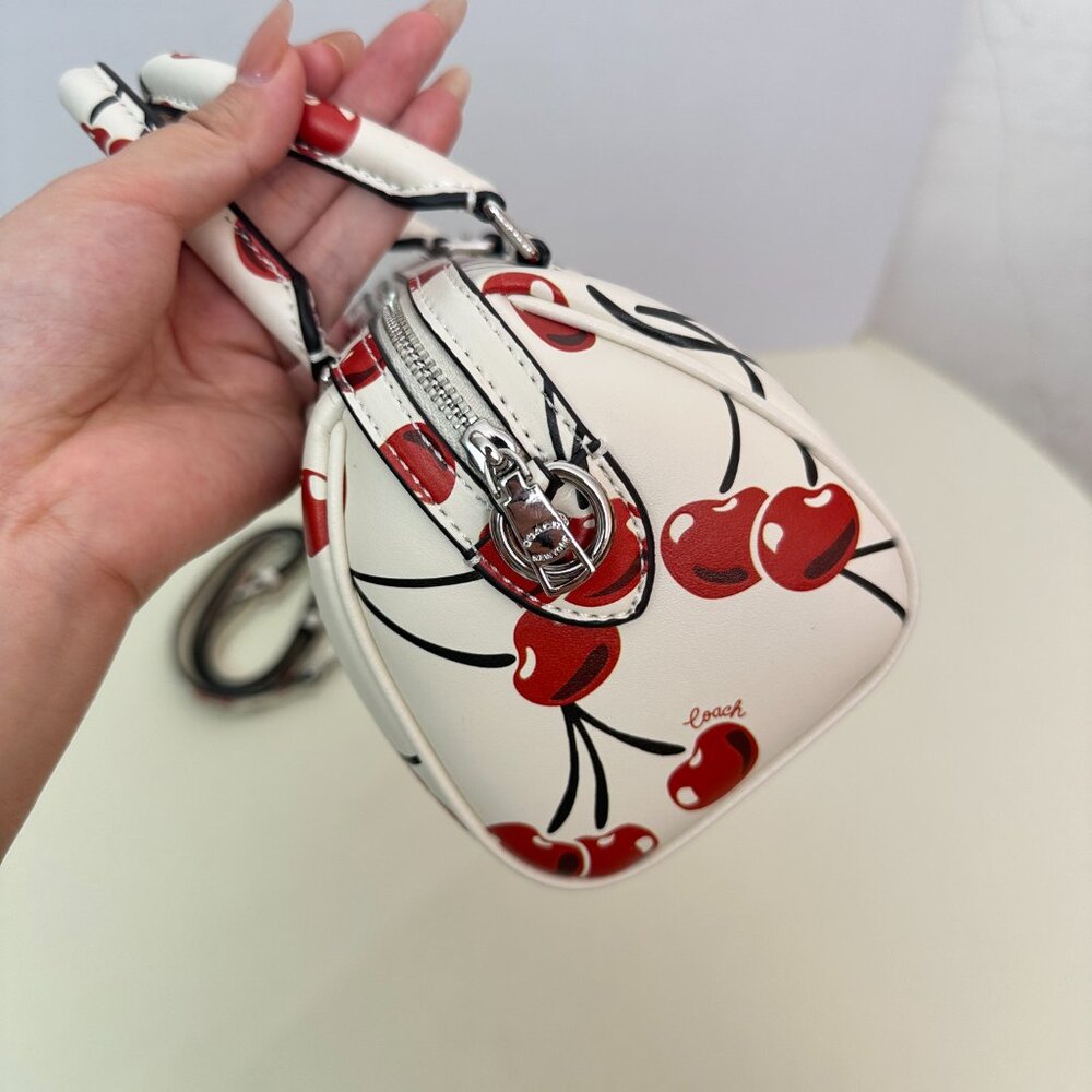 Coach Rowan Cherry Print Boston Bag | White Girlish Tote/Crossbody Bucket Bag - Picture 6 of 10